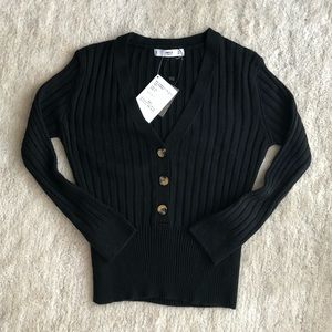 Mango Ribbed Knit Henley Black Sweater